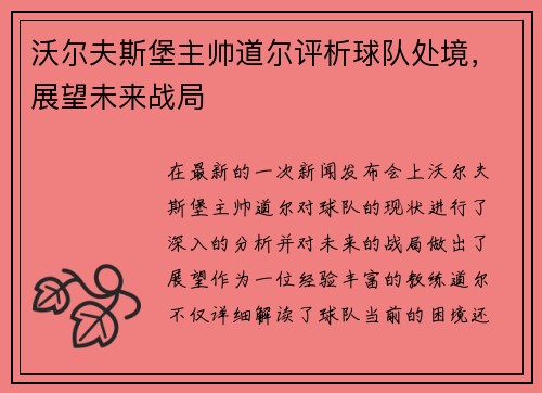 沃尔夫斯堡主帅道尔评析球队处境，展望未来战局